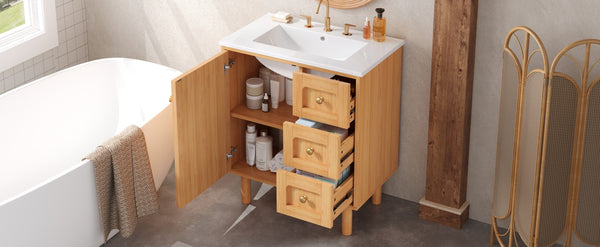 English Elm 30 Inch Bathroom Vanity with Ceramic Sink, Grey Farmhouse Cabinet w/3 Soft-Close Drawers & Storage N710P333972P