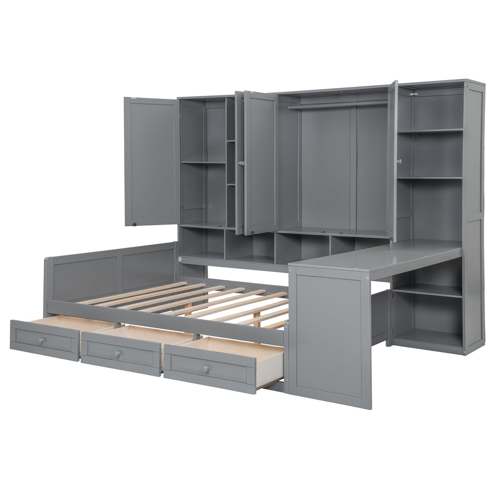 English Elm Full Size Wooden Daybed With Desk, Drawers, Shelves – Stylish Space-Saving Solution In Gray! N820S00055E