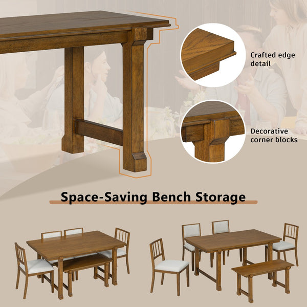 English Elm Trexm Farmhouse Dining Set Seats Six Oak Veneer Table Mixed Chairs Bench Included Beige,Walnut ST000156AAD