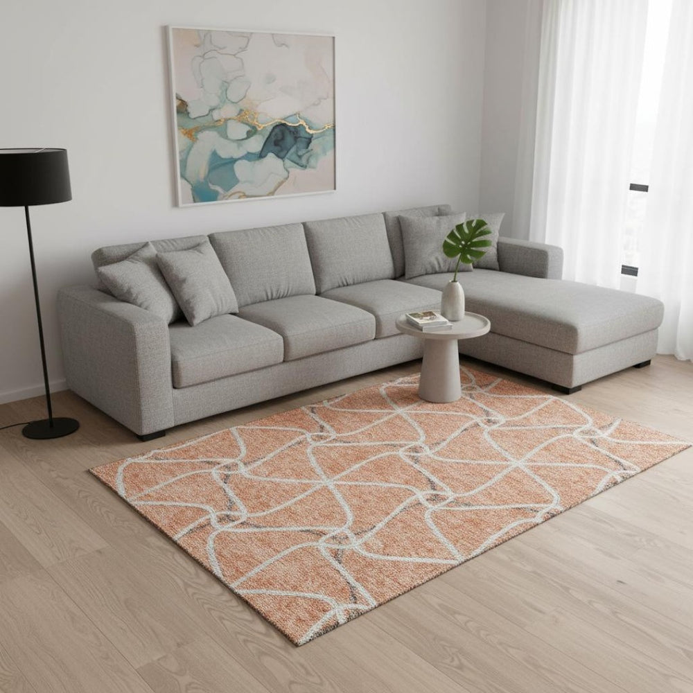 HomeRoots 8' X 10' Salmon Ivory Gray Geometric Area Rug - Washable, UV Protected, Stain Resistant, Stylish Comfort 675400