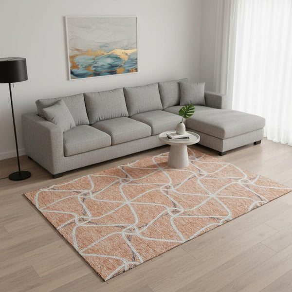 HomeRoots 9' X 12' Salmon, Ivory & Gray Geometric Washable Area Rug - Durable, UV-Protected & Easy Care! 675401