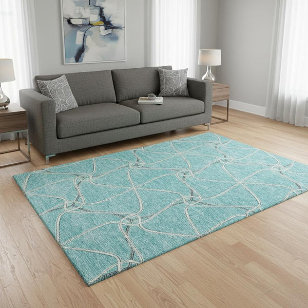 HomeRoots 5' X 8' Teal Ivory Gray Geometric Area Rug - Washable, UV Protected, Durable for High-Traffic Spaces 675404