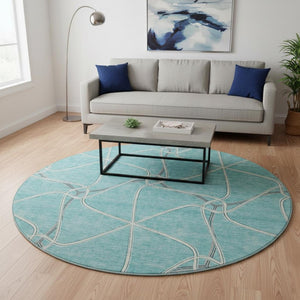 HomeRoots 8' Teal Ivory and Gray Geometric Round Rug - Washable, UV-Protected, Stylish & Family-Friendly Décor 675405