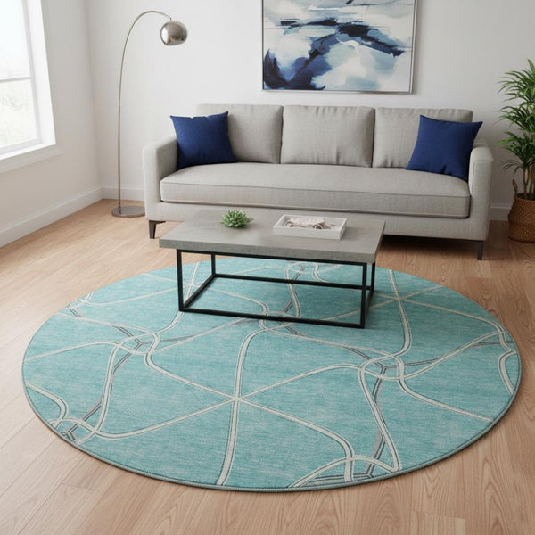 HomeRoots 8' Teal Ivory and Gray Geometric Round Rug - Washable, UV-Protected, Stylish & Family-Friendly Décor 675405