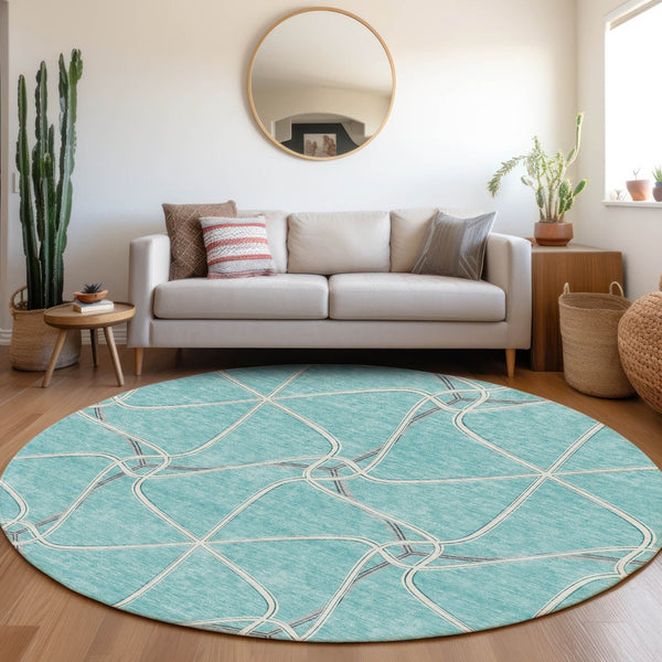 HomeRoots 8' Teal Ivory and Gray Geometric Round Rug - Washable, UV-Protected, Stylish & Family-Friendly Décor 675405