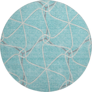 HomeRoots 8' Teal Ivory and Gray Geometric Round Rug - Washable, UV-Protected, Stylish & Family-Friendly Décor 675405
