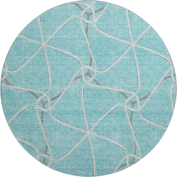 HomeRoots 8' Teal Ivory and Gray Geometric Round Rug - Washable, UV-Protected, Stylish & Family-Friendly Décor 675405