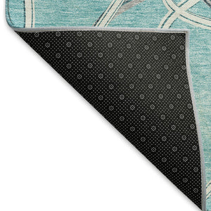HomeRoots 8' Teal Ivory and Gray Geometric Round Rug - Washable, UV-Protected, Stylish & Family-Friendly Décor 675405