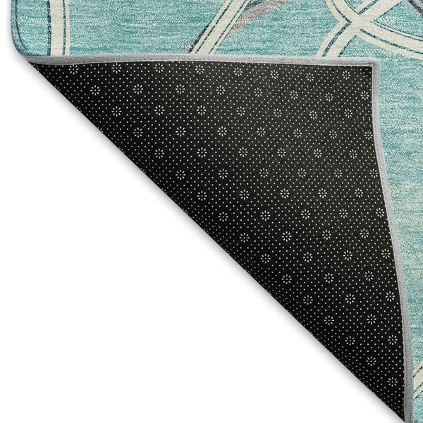 HomeRoots 8' Teal Ivory and Gray Geometric Round Rug - Washable, UV-Protected, Stylish & Family-Friendly Décor 675405