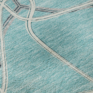 HomeRoots 8' Teal Ivory and Gray Geometric Round Rug - Washable, UV-Protected, Stylish & Family-Friendly Décor 675405
