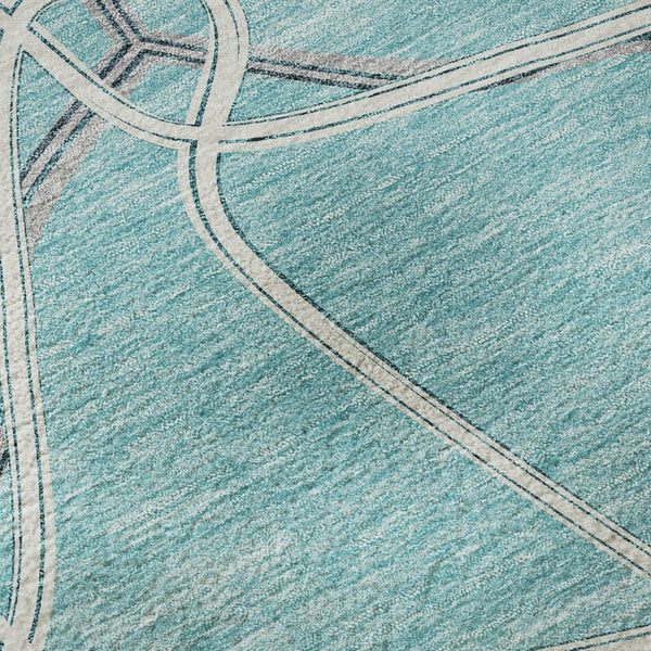 HomeRoots 8' Teal Ivory and Gray Geometric Round Rug - Washable, UV-Protected, Stylish & Family-Friendly Décor 675405