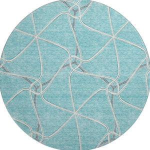 HomeRoots 8' Teal Ivory and Gray Geometric Round Rug - Washable, UV-Protected, Stylish & Family-Friendly Décor 675405