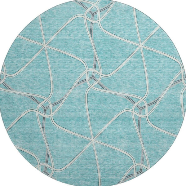 HomeRoots 8' Teal Ivory and Gray Geometric Round Rug - Washable, UV-Protected, Stylish & Family-Friendly Décor 675405
