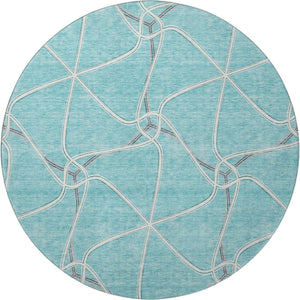 HomeRoots 8' Teal Ivory and Gray Geometric Round Rug - Washable, UV-Protected, Stylish & Family-Friendly Décor 675405