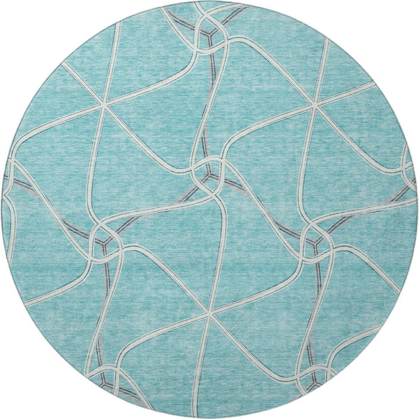 HomeRoots 8' Teal Ivory and Gray Geometric Round Rug - Washable, UV-Protected, Stylish & Family-Friendly Décor 675405