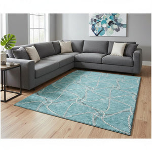 HomeRoots 8' X 10' Stylish Teal Ivory Gray Geometric Washable Area Rug - Perfect for High-Traffic Spaces! 675406