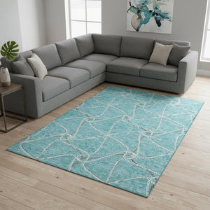 HomeRoots 9' X 12' Teal Ivory Gray Geometric Area Rug - Washable, UV-Protected, Durable for High-Traffic Spaces 675407