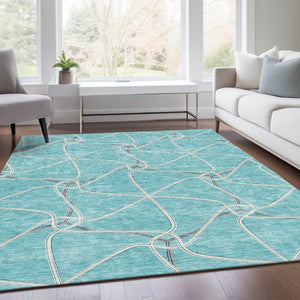 HomeRoots 9' X 12' Teal Ivory Gray Geometric Area Rug - Washable, UV-Protected, Durable for High-Traffic Spaces 675407