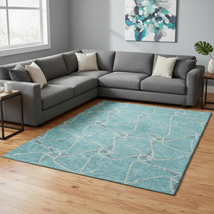 HomeRoots 10' X 14' Stylish Teal Ivory Gray Geometric Washable Area Rug with UV Protection for Busy Homes 675408