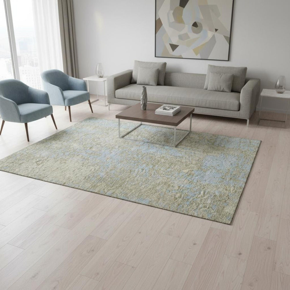 HomeRoots 5' X 8' Beige and Blue Abstract Washable Area Rug – Durable, Stylish, UV-Protected for Homes with Kids 675410