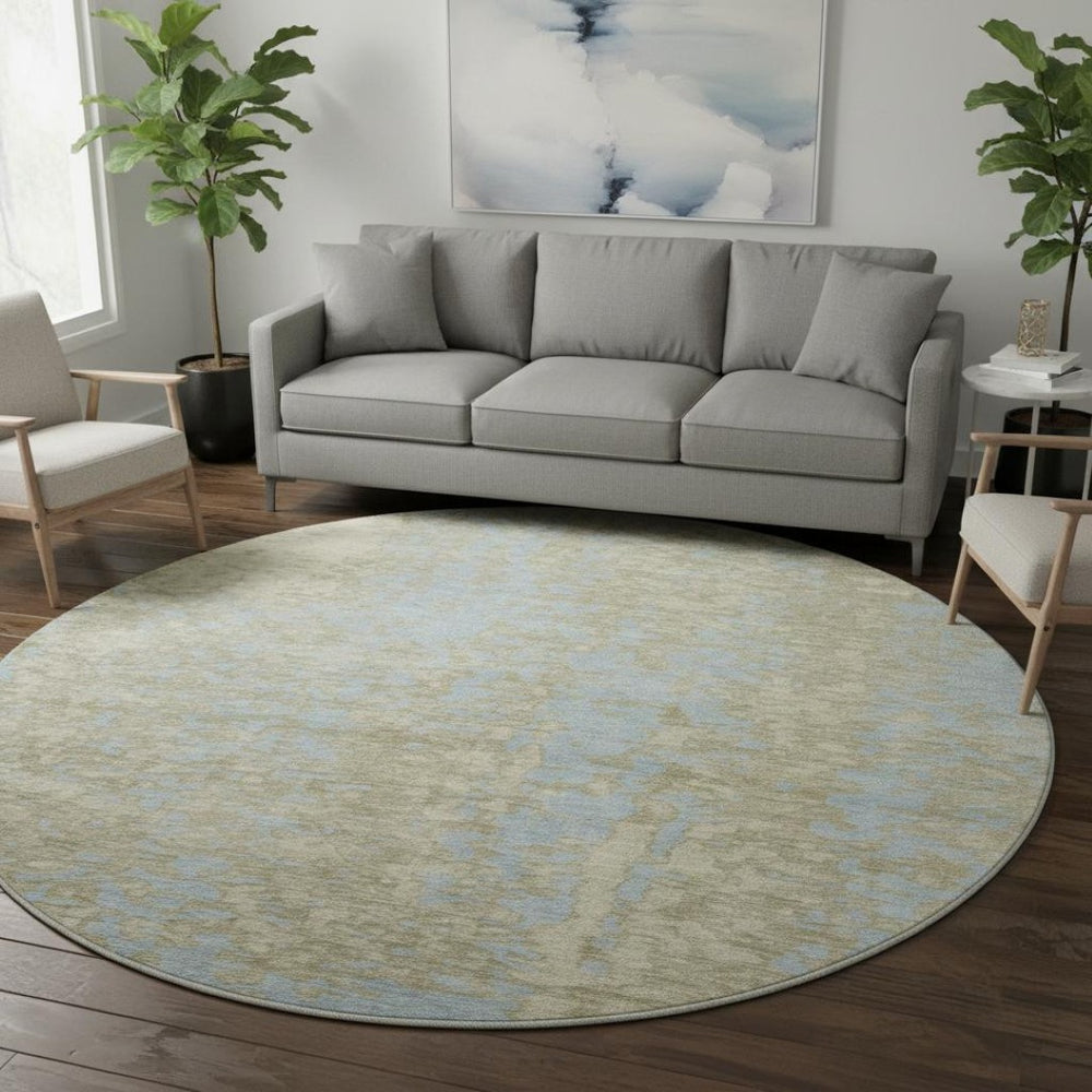 HomeRoots 8' Beige and Blue Abstract Washable Round Rug – Stylish, Durable, UV-Protected for Modern Spaces 675411