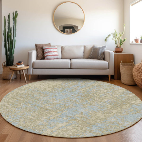 HomeRoots 8' Beige and Blue Abstract Washable Round Rug – Stylish, Durable, UV-Protected for Modern Spaces 675411
