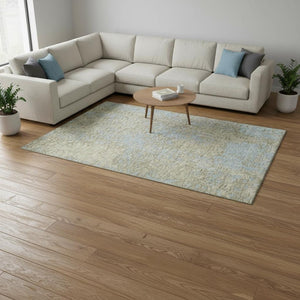 HomeRoots 8' X 10' Abstract Beige and Blue Area Rug - Washable, UV-Protected, Stain-Resistant, Durable Design 675412