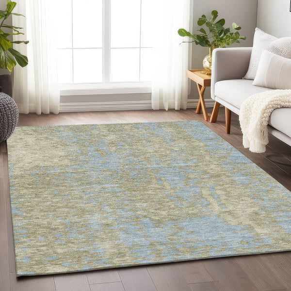 HomeRoots 8' X 10' Abstract Beige and Blue Area Rug - Washable, UV-Protected, Stain-Resistant, Durable Design 675412