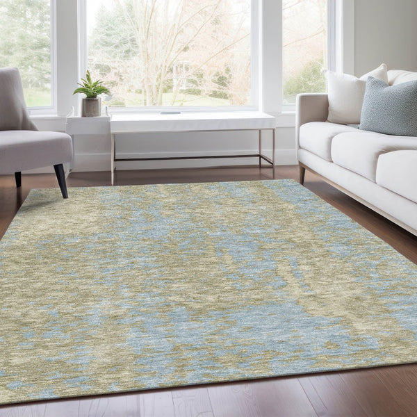 HomeRoots 8' X 10' Abstract Beige and Blue Area Rug - Washable, UV-Protected, Stain-Resistant, Durable Design 675412