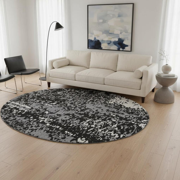 HomeRoots 8' Washable Round Rug in Black, Gray & Ivory - Durable, Stain-Resistant with UV Protection for Homes 675417