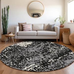 HomeRoots 8' Washable Round Rug in Black, Gray & Ivory - Durable, Stain-Resistant with UV Protection for Homes 675417
