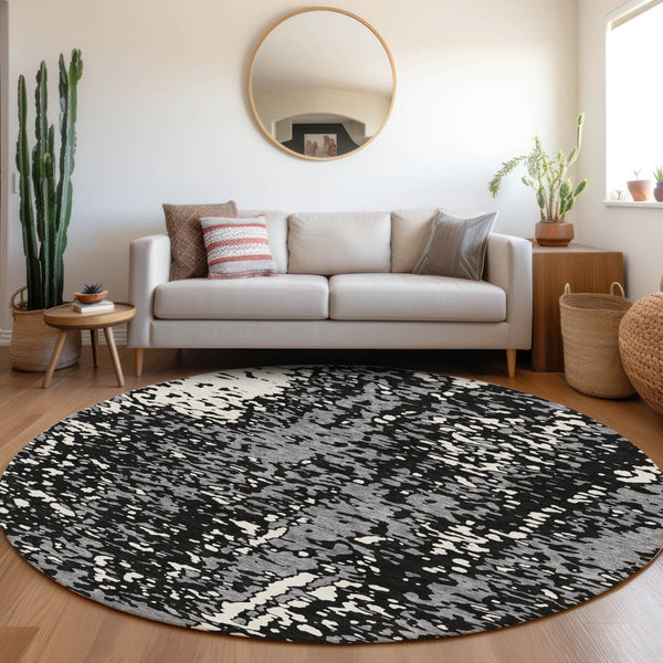 HomeRoots 8' Washable Round Rug in Black, Gray & Ivory - Durable, Stain-Resistant with UV Protection for Homes 675417