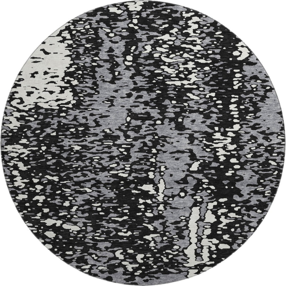 HomeRoots 8' Washable Round Rug in Black, Gray & Ivory - Durable, Stain-Resistant with UV Protection for Homes 675417