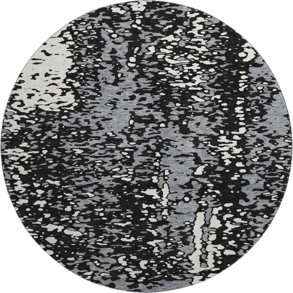 HomeRoots 8' Washable Round Rug in Black, Gray & Ivory - Durable, Stain-Resistant with UV Protection for Homes 675417