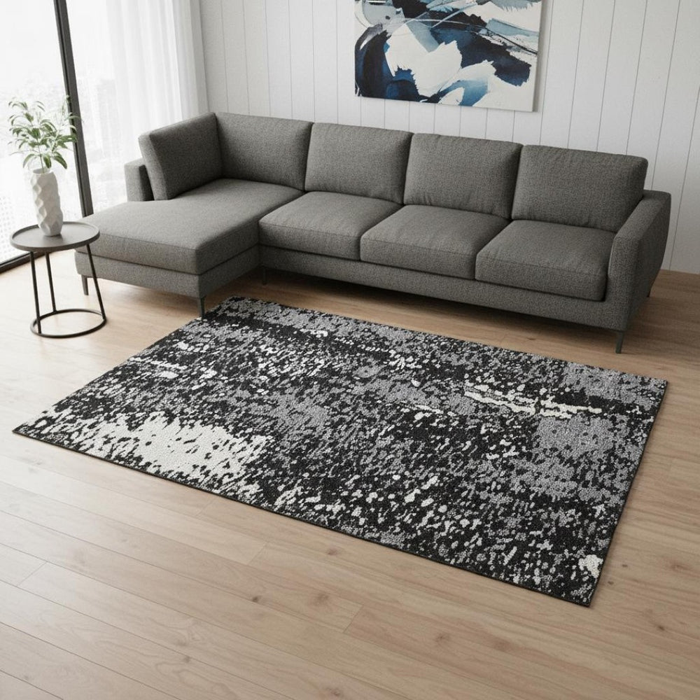 HomeRoots 9' X 12' Modern Black Gray Ivory Abstract Washable Area Rug with UV Protection for Busy Homes 675419