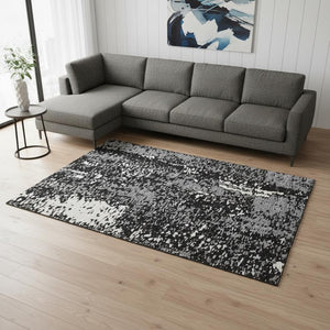 HomeRoots 9' X 12' Modern Black Gray Ivory Abstract Washable Area Rug with UV Protection for Busy Homes 675419