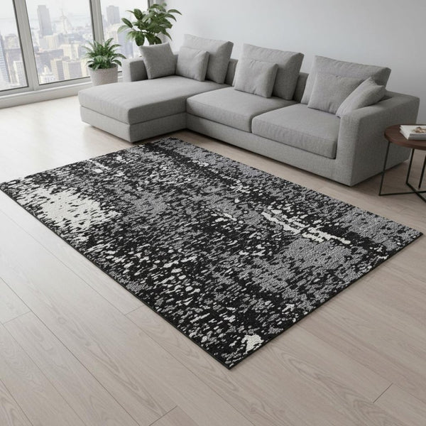 HomeRoots 10' X 14' Washable Black Gray Ivory Area Rug - Modern Abstract Design with UV Protection & Durability 675420