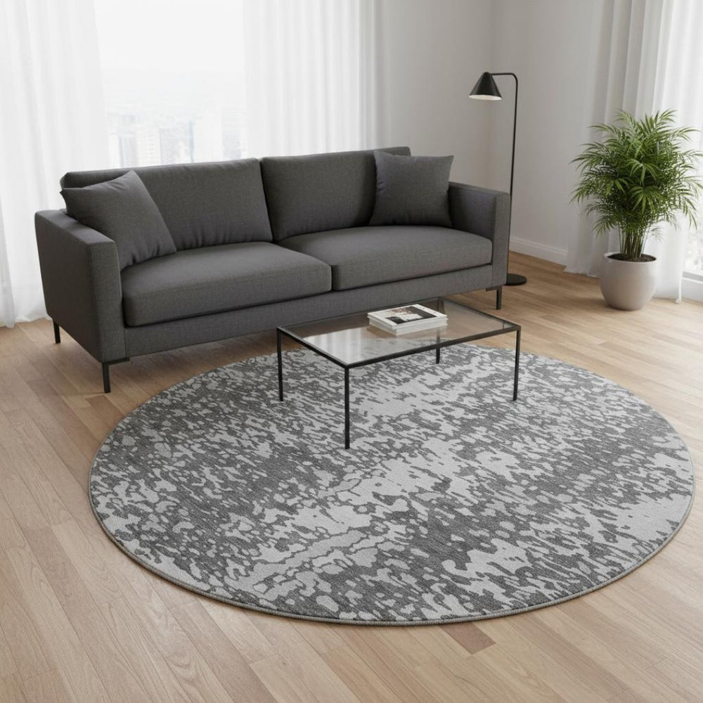 HomeRoots 8' Charcoal Gray & Silver Abstract Round Rug - Washable, UV-Protected, Stylish for High-Traffic Homes 675423