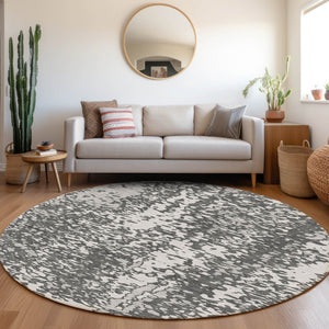 HomeRoots 8' Charcoal Gray & Silver Abstract Round Rug - Washable, UV-Protected, Stylish for High-Traffic Homes 675423