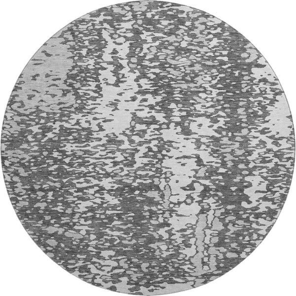 HomeRoots 8' Charcoal Gray & Silver Abstract Round Rug - Washable, UV-Protected, Stylish for High-Traffic Homes 675423