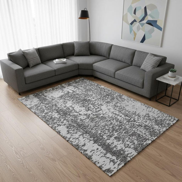 HomeRoots 10' Charcoal Gray and Silver Abstract Washable Area Rug - Stylish, Durable, UV-Protected Design! 675426
