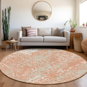 HomeRoots 8' Coral Taupe Ivory Round Rug - Modern Abstract Design, Washable, UV Protection, Pet-Friendly Decor 675429