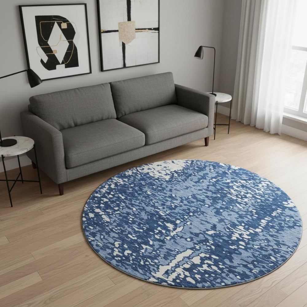 HomeRoots 8' Denim Blue and Ivory Round Rug – Abstract Design, UV Protected, Stain-Resistant for High-Traffic Areas 675435