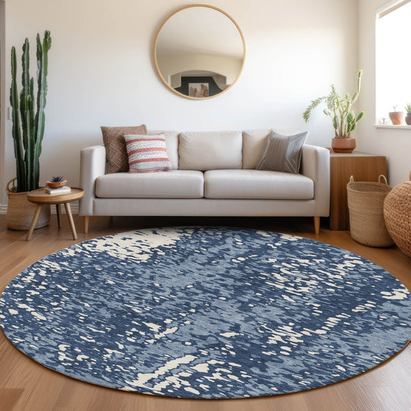 HomeRoots 8' Denim Blue and Ivory Round Rug – Abstract Design, UV Protected, Stain-Resistant for High-Traffic Areas 675435