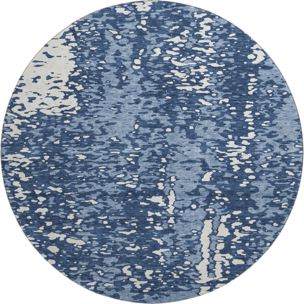 HomeRoots 8' Denim Blue and Ivory Round Rug – Abstract Design, UV Protected, Stain-Resistant for High-Traffic Areas 675435