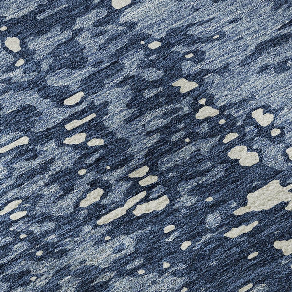 HomeRoots 8' Denim Blue and Ivory Round Rug – Abstract Design, UV Protected, Stain-Resistant for High-Traffic Areas 675435