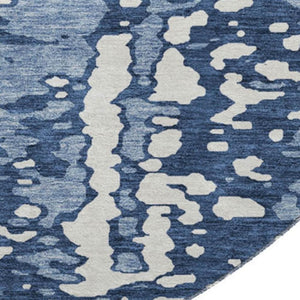 HomeRoots 8' Denim Blue and Ivory Round Rug – Abstract Design, UV Protected, Stain-Resistant for High-Traffic Areas 675435