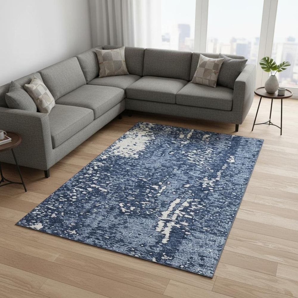 HomeRoots 8' X 10' Denim Blue & Ivory Abstract Area Rug - Washable, UV Protected, Perfect for High-Traffic Spaces 675436
