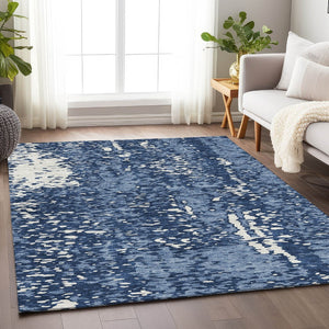 HomeRoots 8' X 10' Denim Blue & Ivory Abstract Area Rug - Washable, UV Protected, Perfect for High-Traffic Spaces 675436