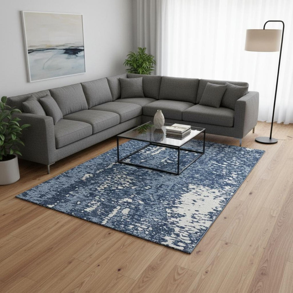 HomeRoots 9' X 12' Denim Blue Ivory Abstract Rug – Washable, UV Protected, Durable for High Traffic Spaces 675437